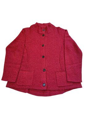 Eileen Fisher Wool Button Front Cardigan Mock Neck Sweater Size Large